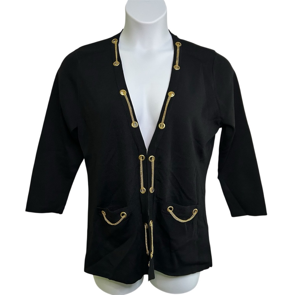 NWT Carmen Marc Valvo Black Cardigan with Gold Chain Details Stylish Sz XLarge